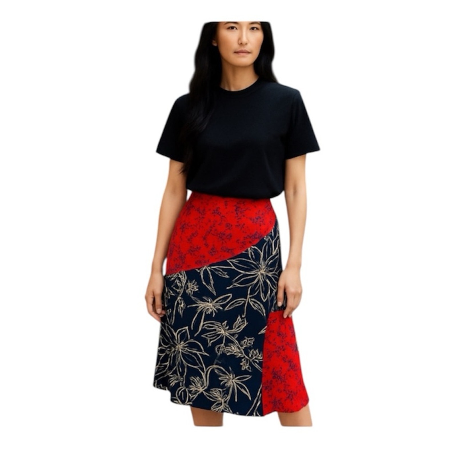 Nwt Eloquii Blue And Red Floral Patchwork Colorblock Knee Length Skirt Size 22